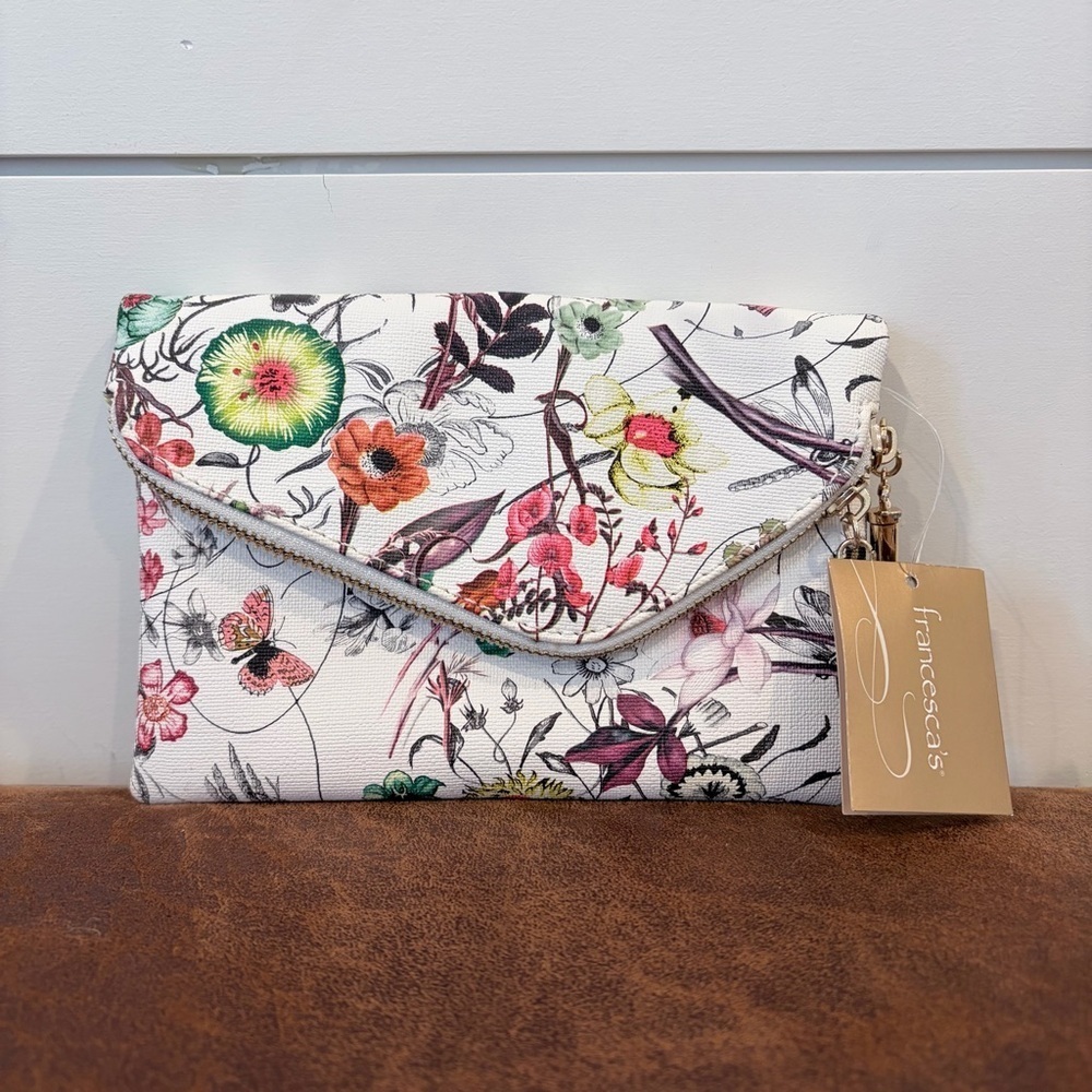 Francesca's Romantic Floral Envelope Clutch Bag Gold Chic Elegant Cottagecore